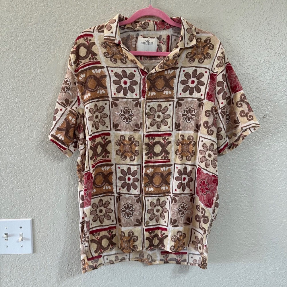 Hollister Cotton Linen Blend Shirt Mens‎ L Geometric Boho Button-Down